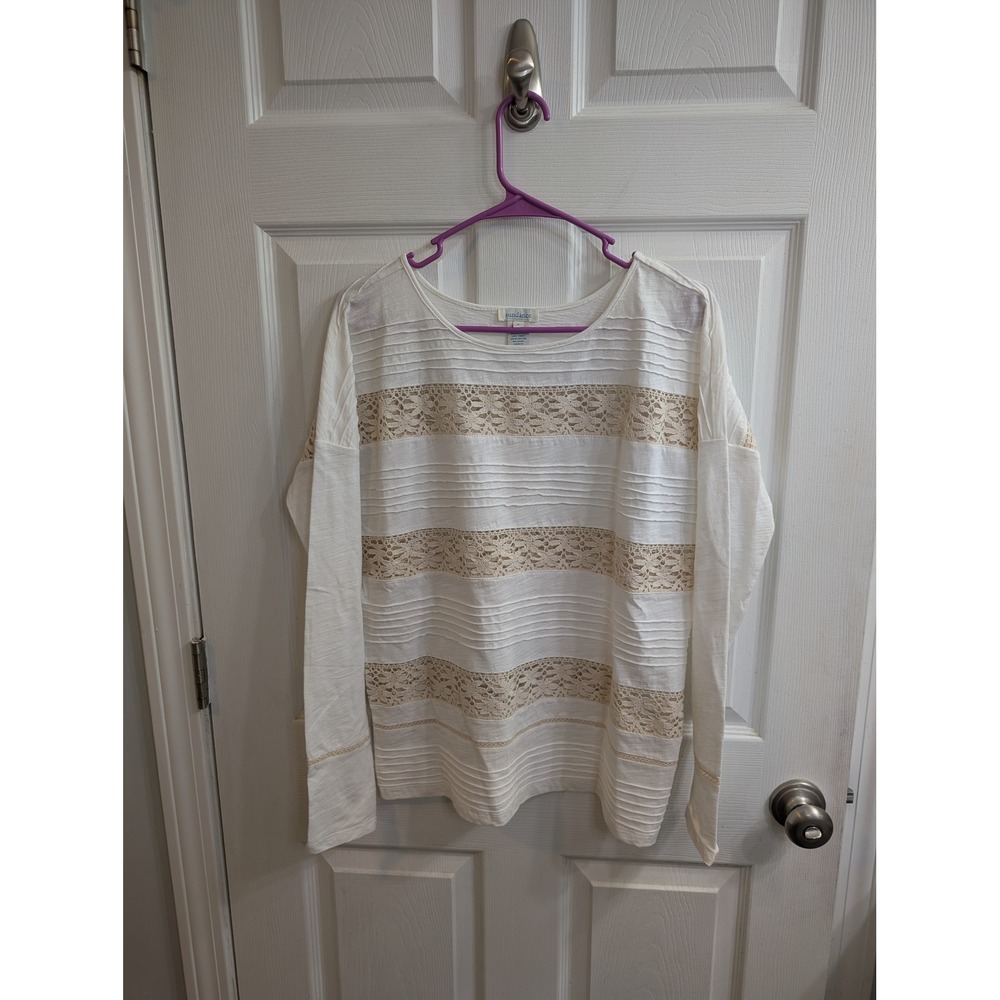 Sundance Ivory & Beige Cotton Crochet Lace Long Sleeve Top Scoop‎ Neck - Size S